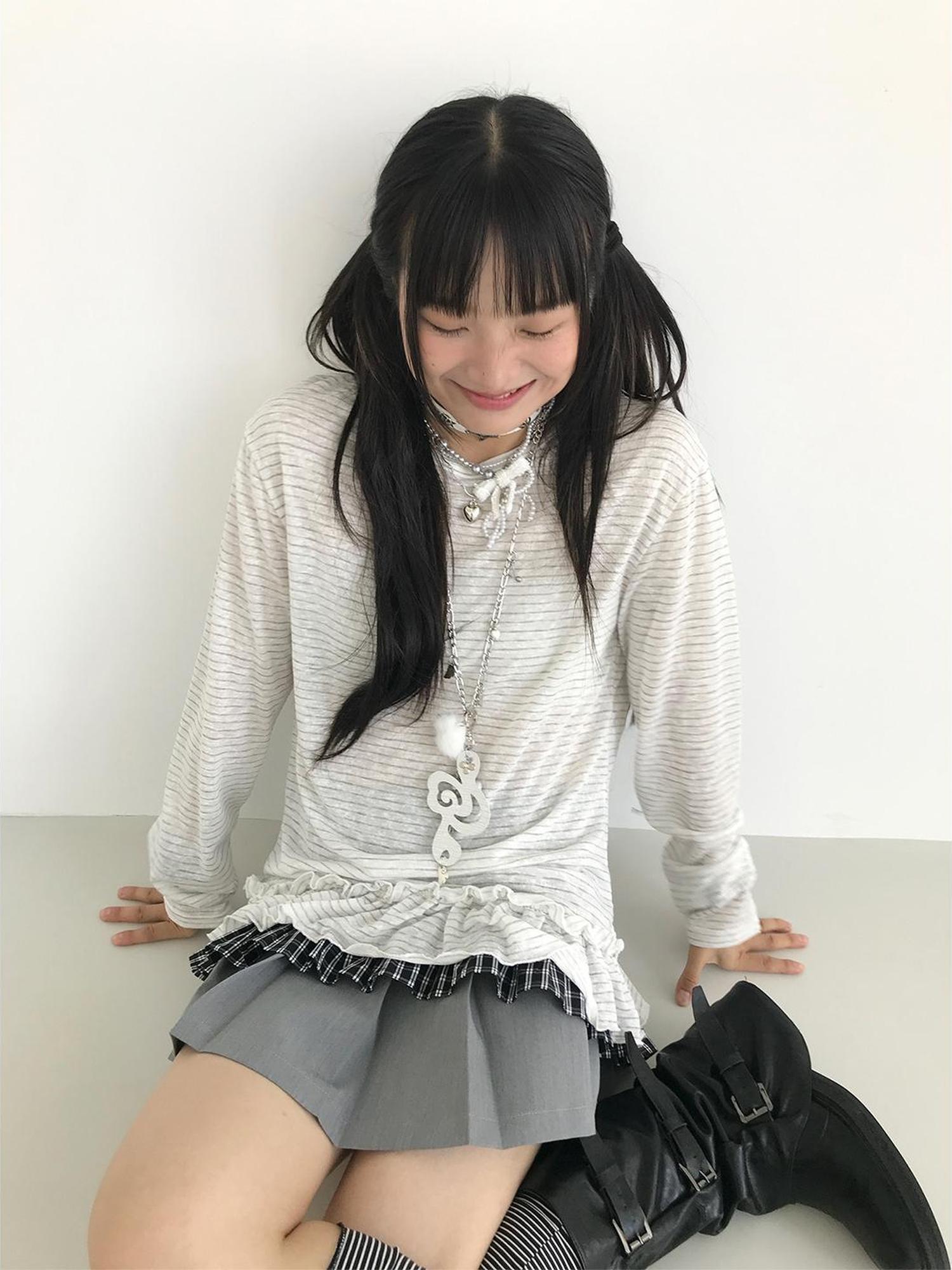 atrandom Loose Long Sleeve Lace Embroidered Striped Layering Top Blouse