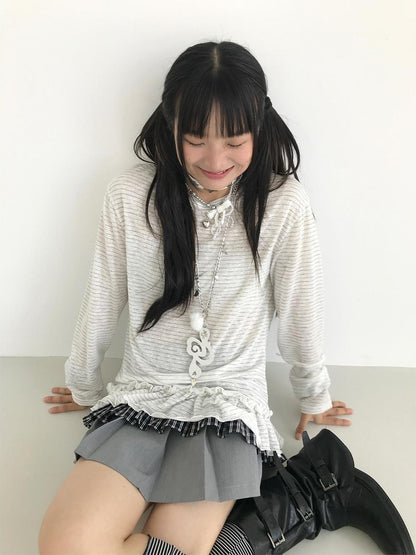 atrandom Loose Long Sleeve Lace Embroidered Striped Layering Top Blouse