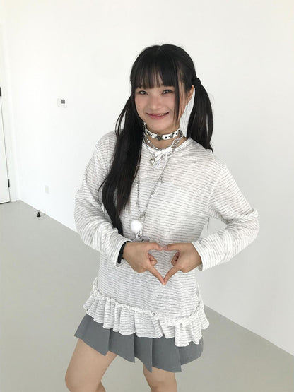 atrandom Loose Long Sleeve Lace Embroidered Striped Layering Top Blouse