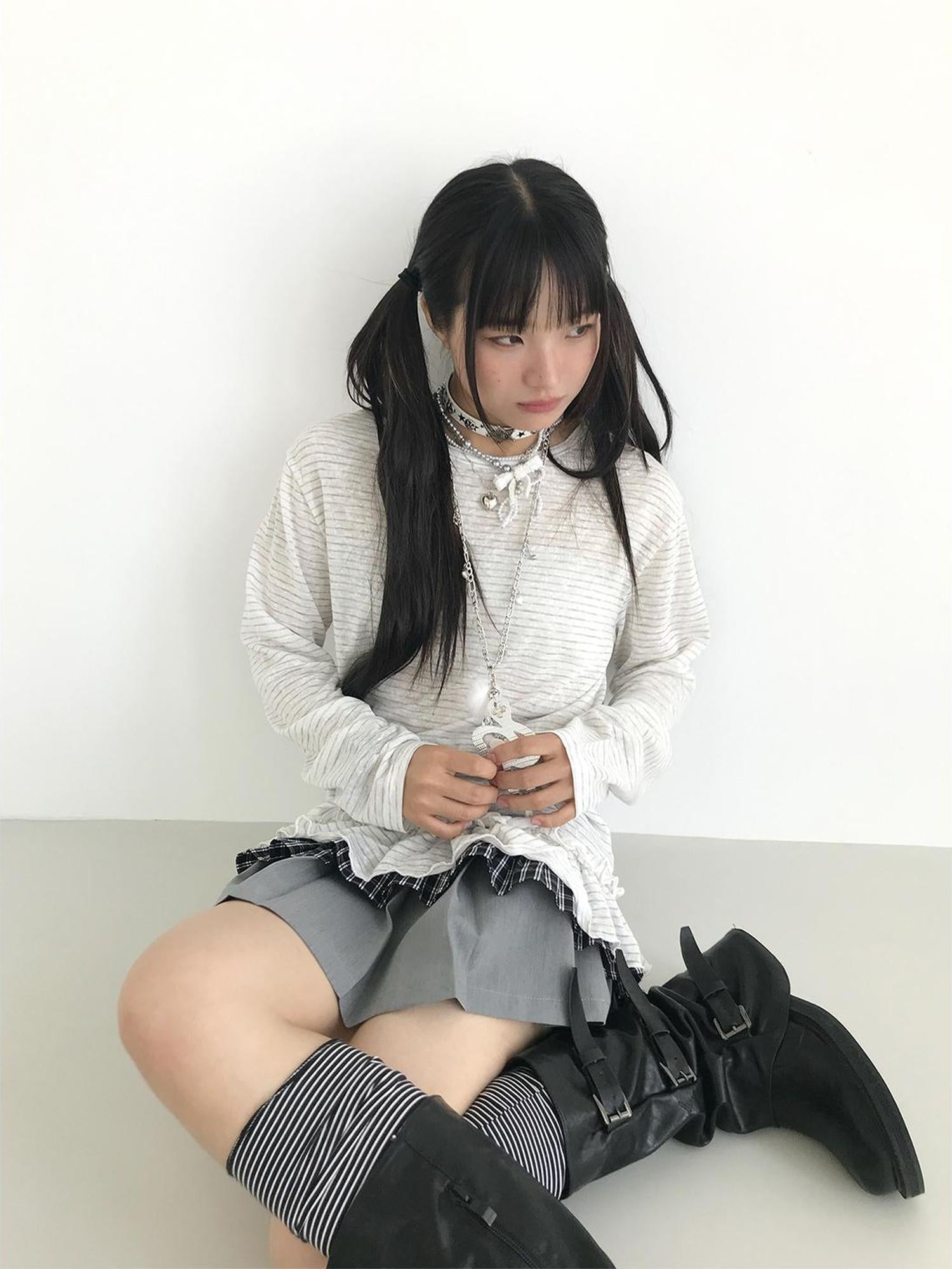 atrandom Loose Long Sleeve Lace Embroidered Striped Layering Top Blouse