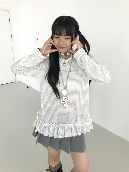 atrandom Loose Long Sleeve Lace Embroidered Striped Layering Top Blouse