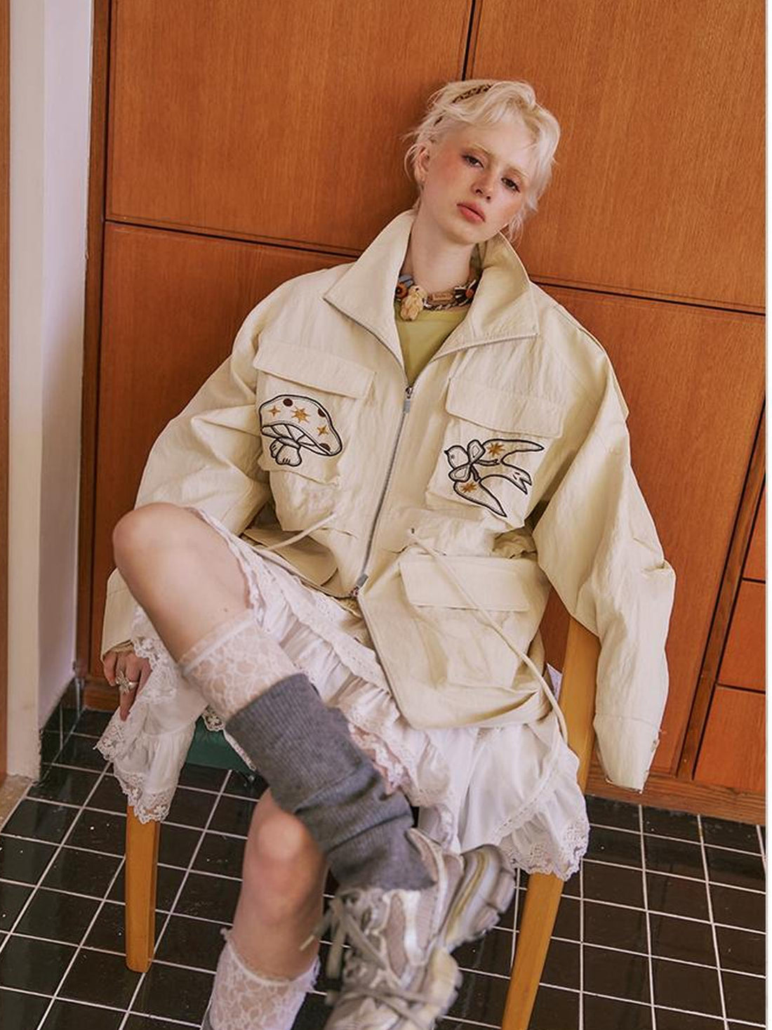DIDDI MODA Loose Oversized Embroidered Utility Trench Coat With Adjustable Waist