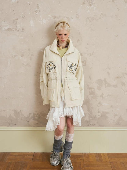 Loose Oversized Embroidered Utility Trench Coat With Adjustable Waist