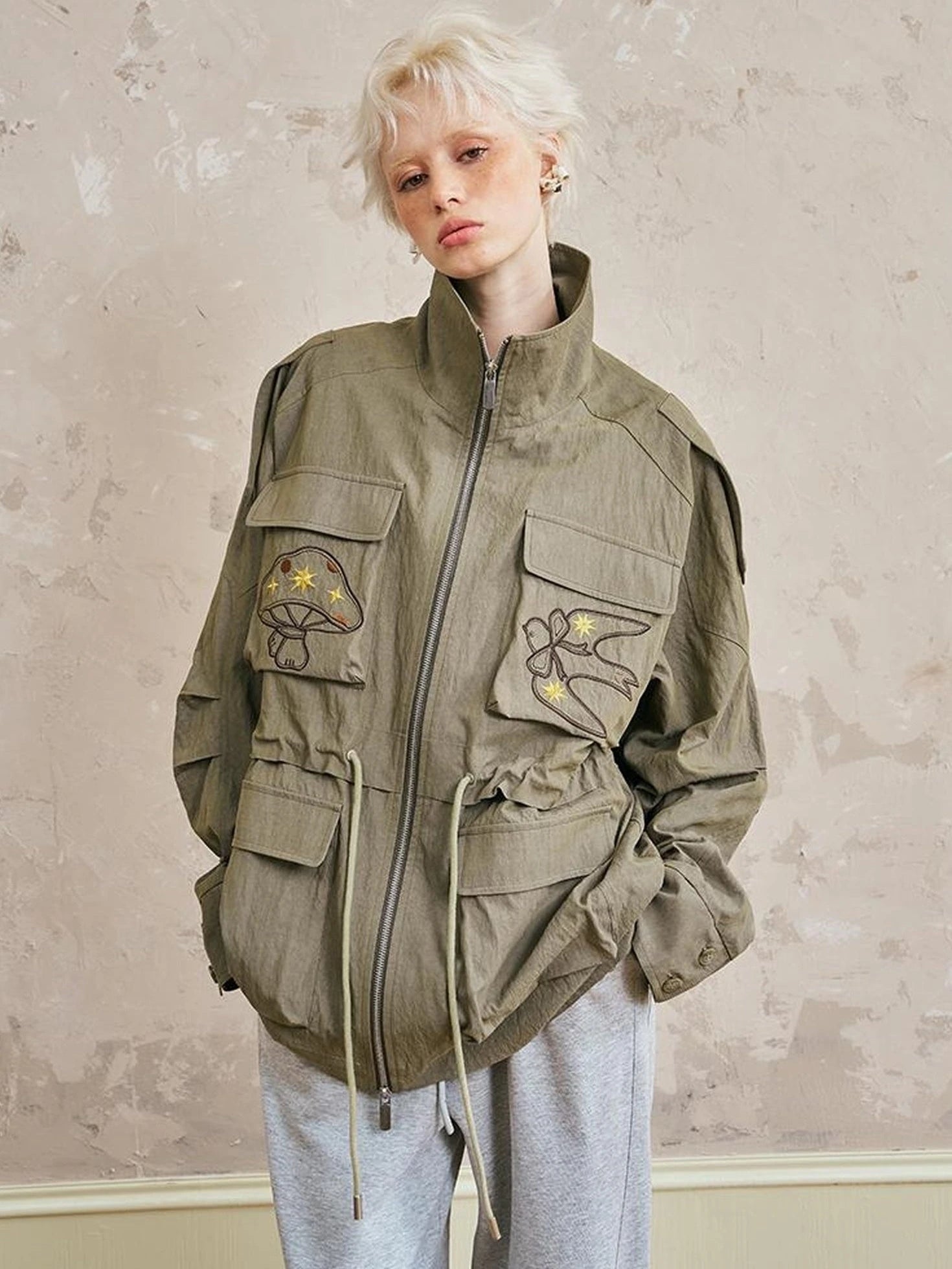 Loose Oversized Embroidered Utility Trench Coat With Adjustable Waist