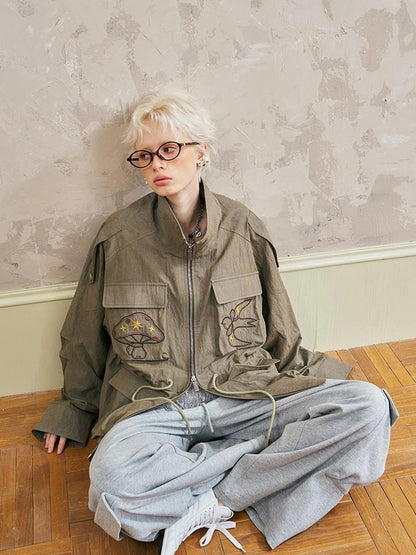 Loose Oversized Embroidered Utility Trench Coat With Adjustable Waist