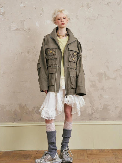 Loose Oversized Embroidered Utility Trench Coat With Adjustable Waist