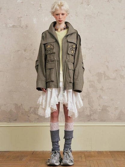 Loose Oversized Embroidered Utility Trench Coat With Adjustable Waist