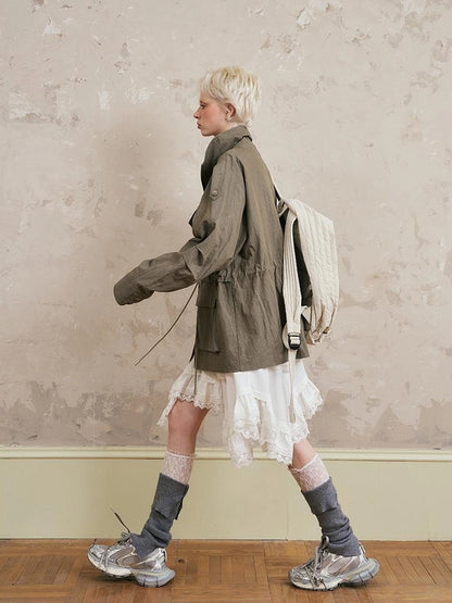 Loose Oversized Embroidered Utility Trench Coat With Adjustable Waist