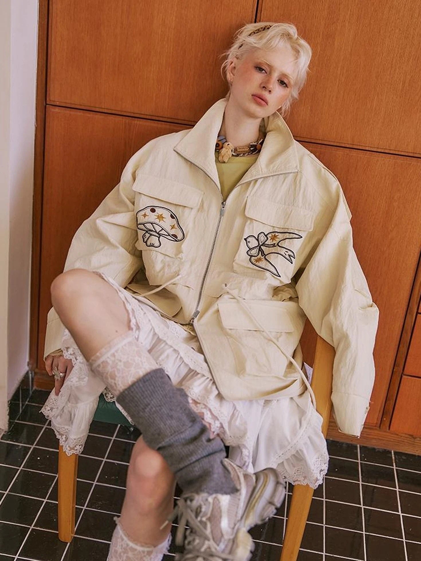 Loose Oversized Embroidered Utility Trench Coat With Adjustable Waist