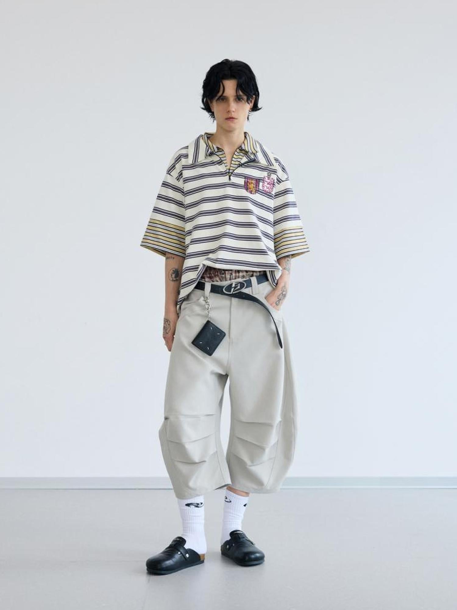 Peoplesense Loose Scimitar Cargo Pants Beige Polyester 3D Embroidery