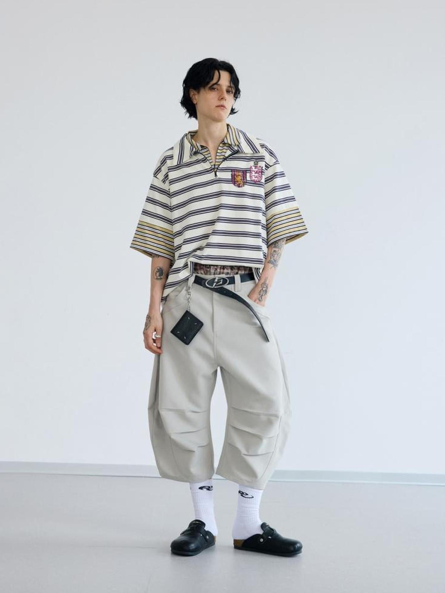 Peoplesense Loose Scimitar Cargo Pants Beige Polyester 3D Embroidery