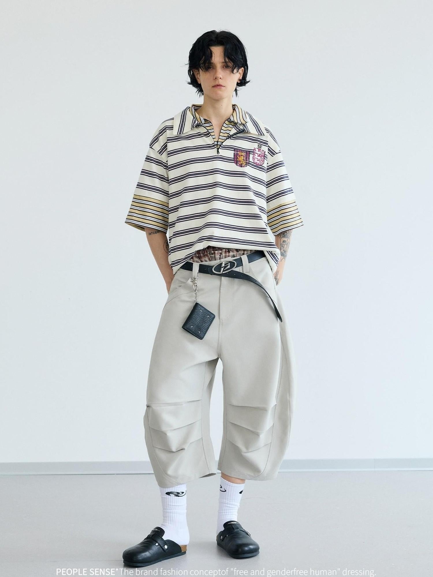Peoplesense Loose Scimitar Cargo Pants Beige Polyester 3D Embroidery