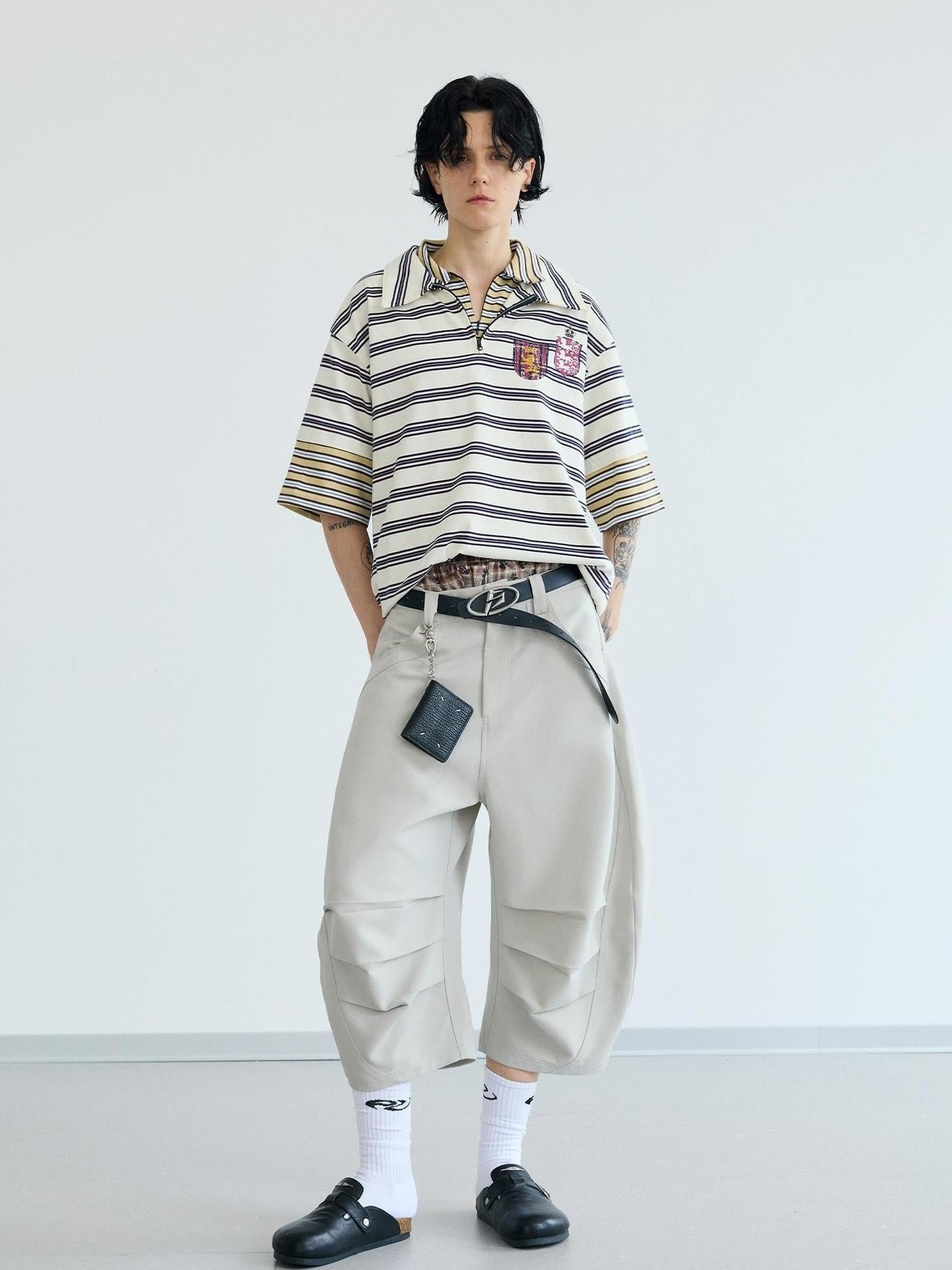 Peoplesense Loose Scimitar Cargo Pants Beige Polyester 3D Embroidery