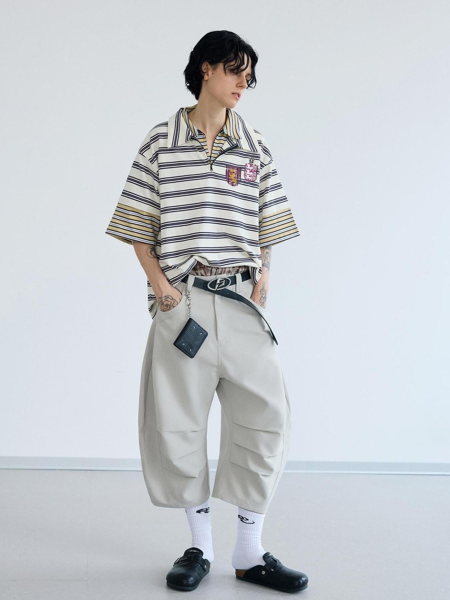 Peoplesense Loose Scimitar Cargo Pants Beige Polyester 3D Embroidery