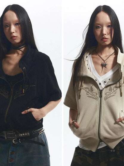 Loose Stand Collar Multi Panel Ribbed Hoodie With Double Zipper