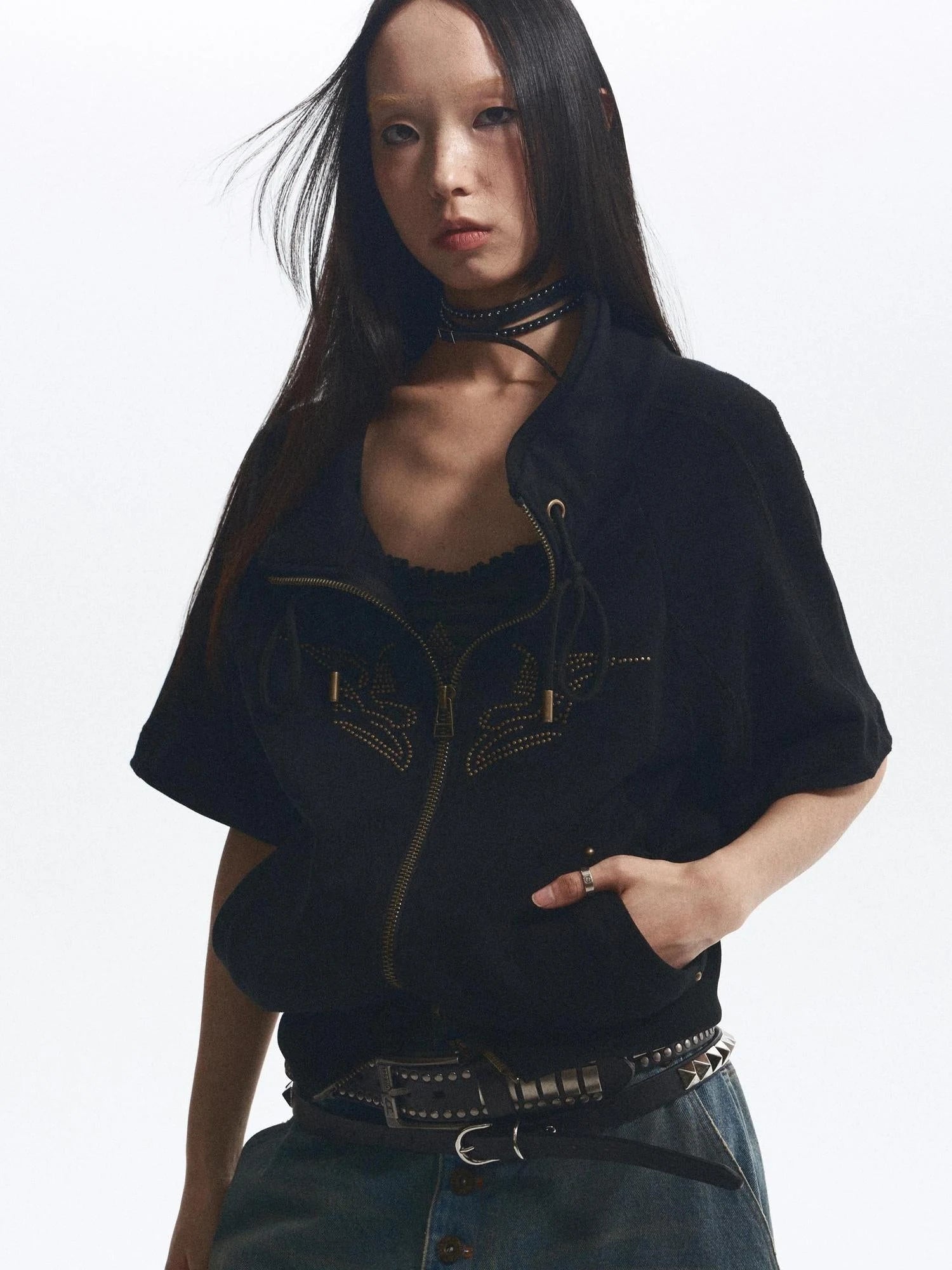 Loose Stand Collar Multi Panel Ribbed Hoodie With Double Zipper