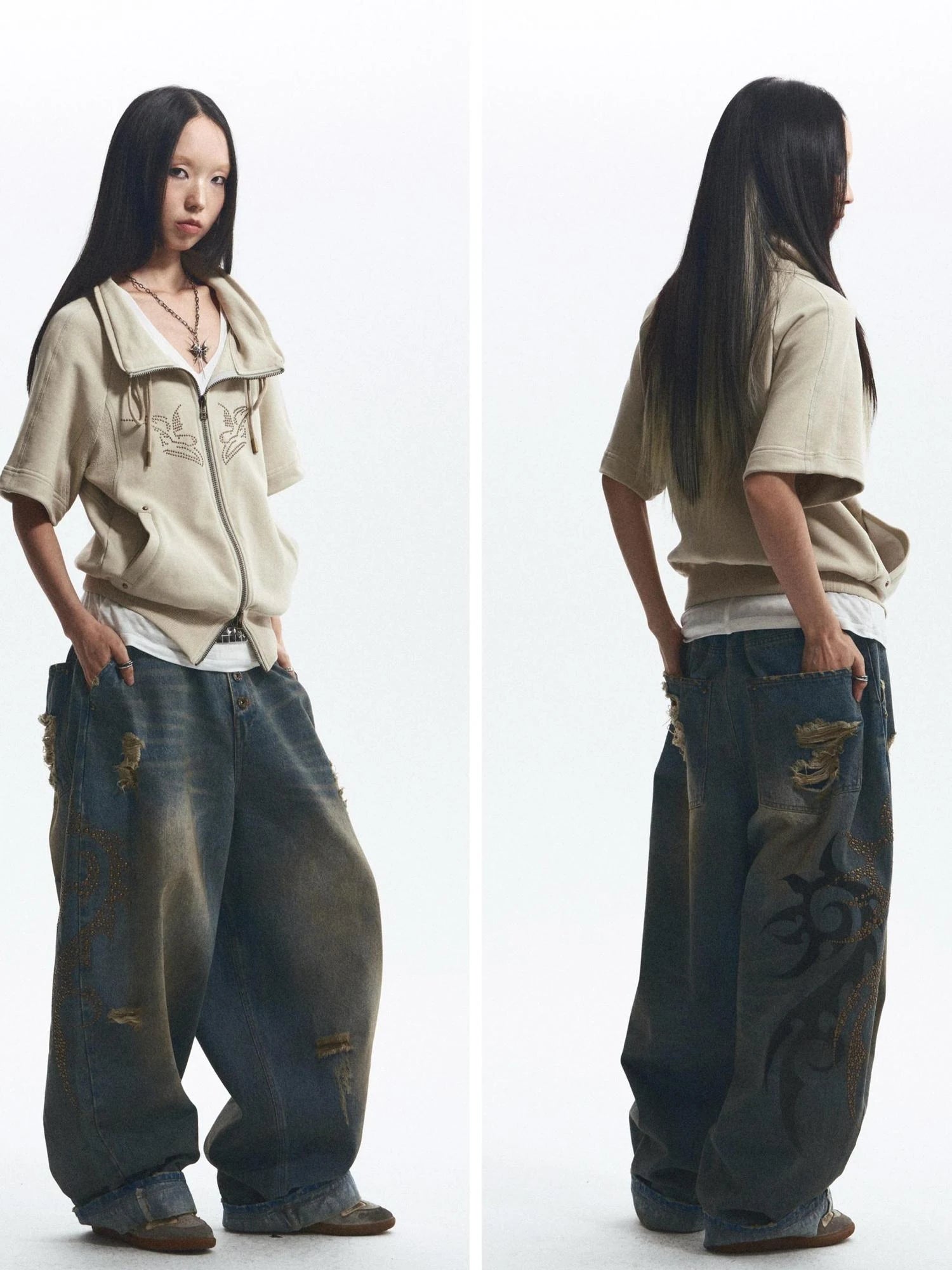 Loose Stand Collar Multi Panel Ribbed Hoodie With Double Zipper