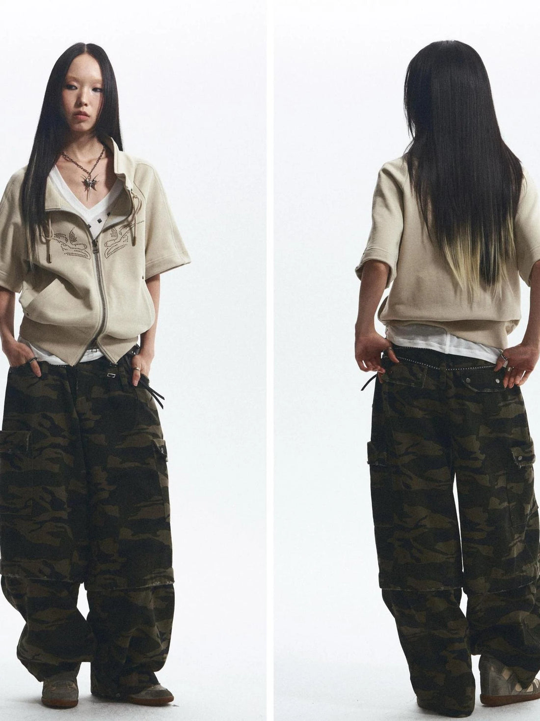 Loose Stand Collar Multi Panel Ribbed Hoodie With Double Zipper