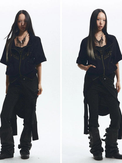 Loose Stand Collar Multi Panel Ribbed Hoodie With Double Zipper