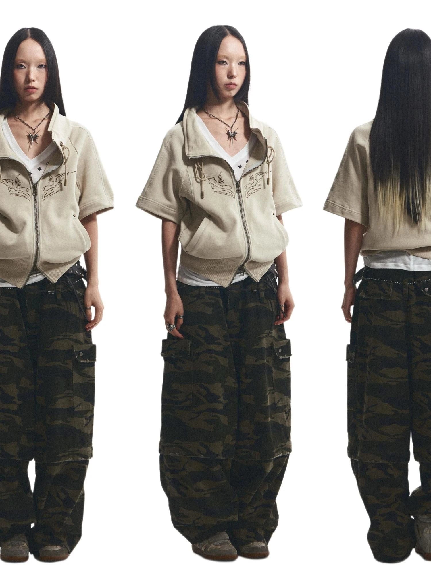 Loose Stand Collar Multi Panel Ribbed Hoodie With Double Zipper