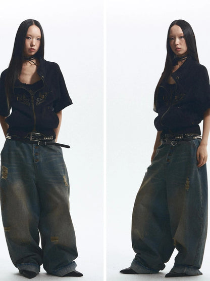 Loose Stand Collar Multi Panel Ribbed Hoodie With Double Zipper