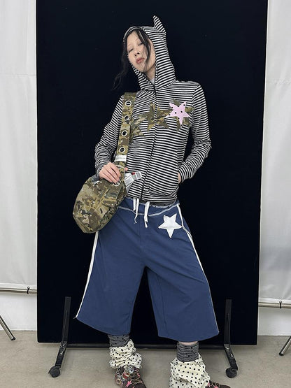 Loose Star Drawstring Joggers Wide Leg Cropped Pants