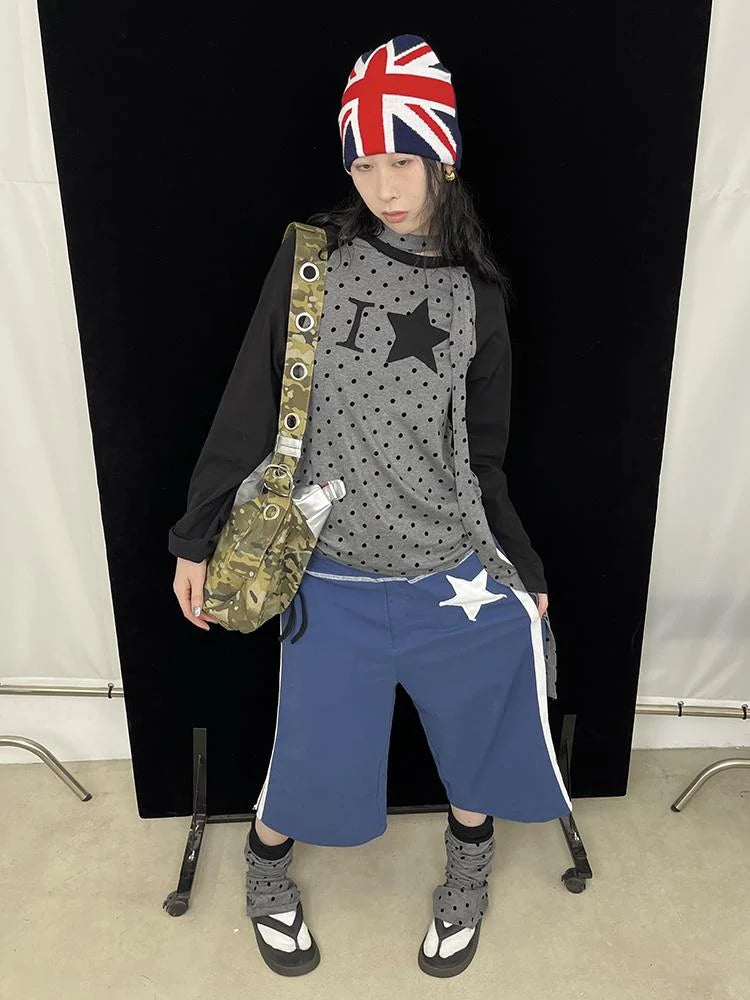 Loose Star Drawstring Joggers Wide Leg Cropped Pants