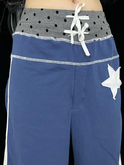 Loose Star Drawstring Joggers Wide Leg Cropped Pants