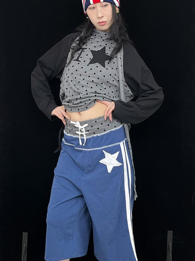 Loose Star Drawstring Joggers Wide Leg Cropped Pants