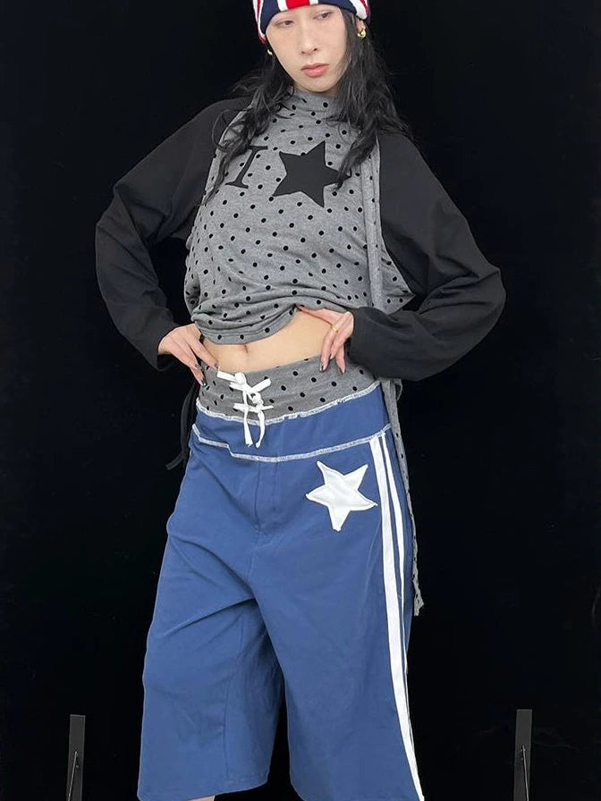 Loose Star Drawstring Joggers Wide Leg Cropped Pants
