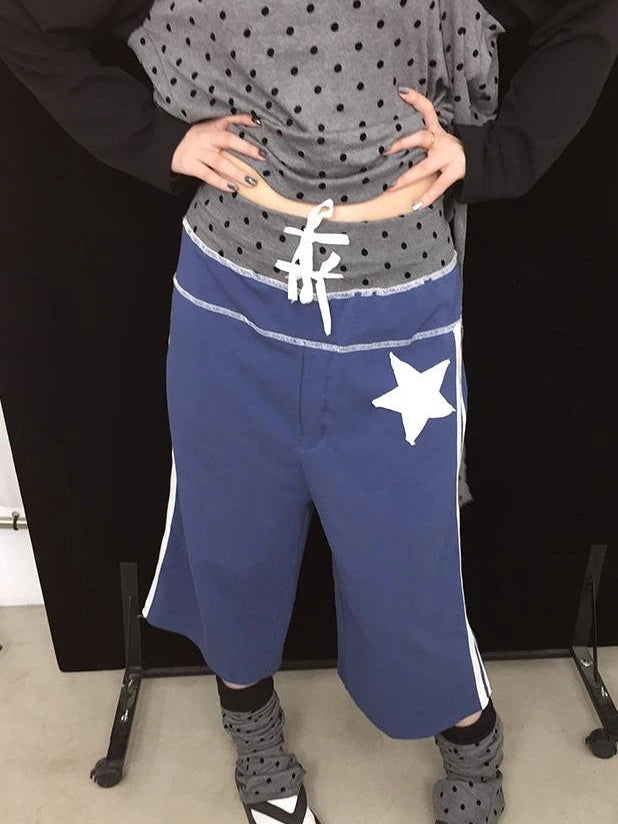 Loose Star Drawstring Joggers Wide Leg Cropped Pants