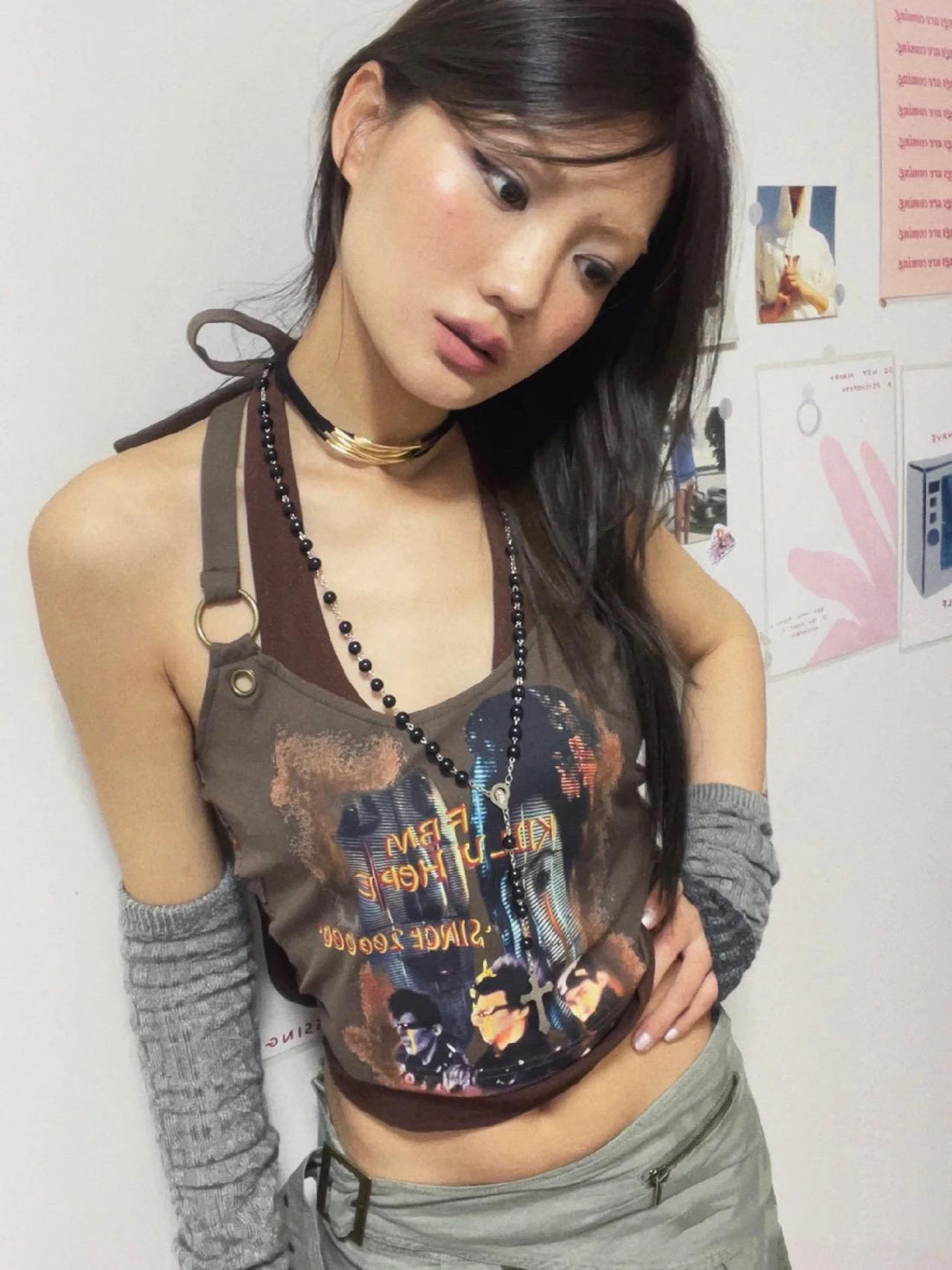 Flowers birds Market Low-Cut Printed Halter Neck Camisole