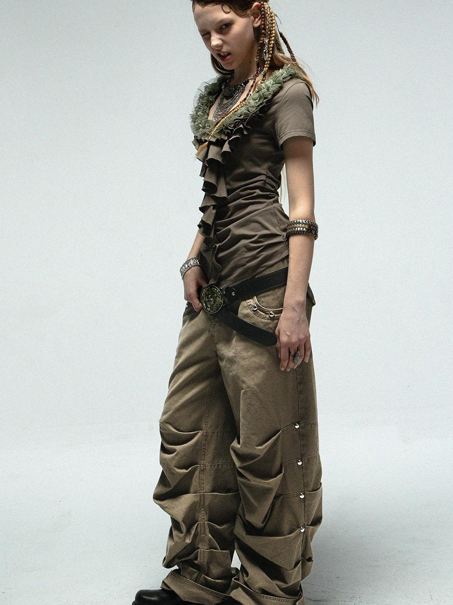 Doublepunch Low Mid Rise Loose Stacked Washed Cotton Pants