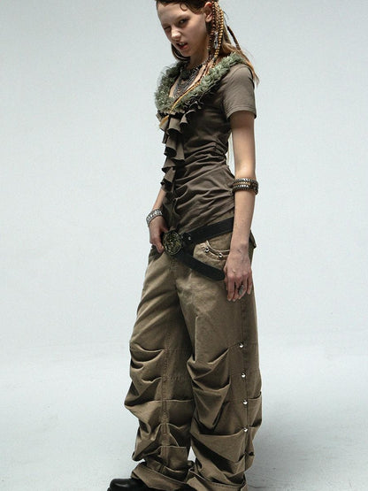 Doublepunch Low Mid Rise Loose Stacked Washed Cotton Pants