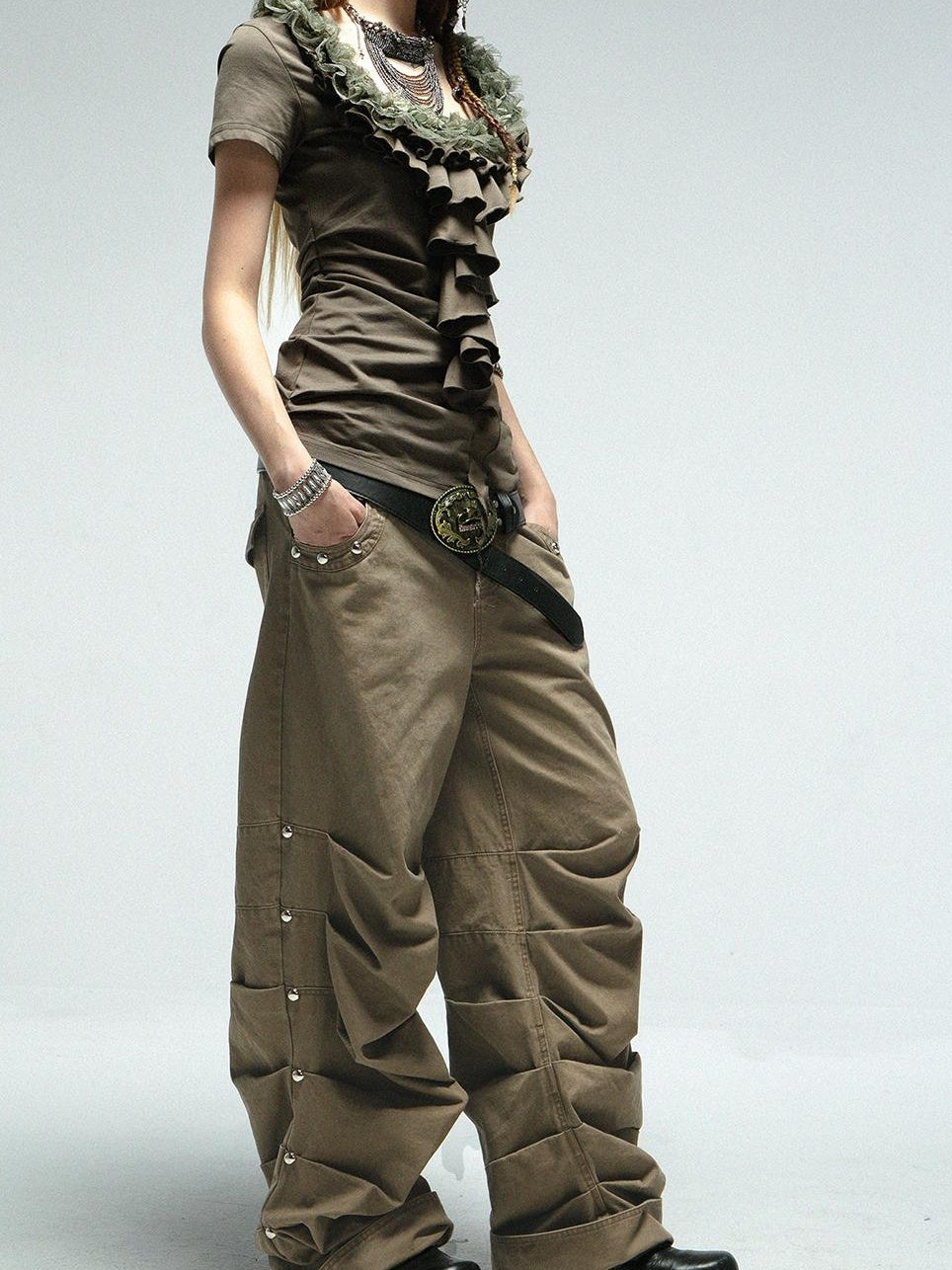 Doublepunch Low Mid Rise Loose Stacked Washed Cotton Pants