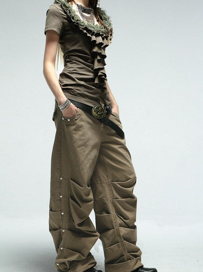 Doublepunch Low Mid Rise Loose Stacked Washed Cotton Pants