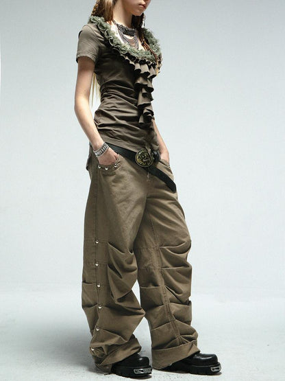 Doublepunch Low Mid Rise Loose Stacked Washed Cotton Pants