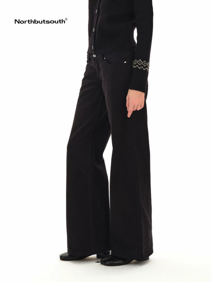 Low Rise Wide Leg Black Twill Denim Trousers
