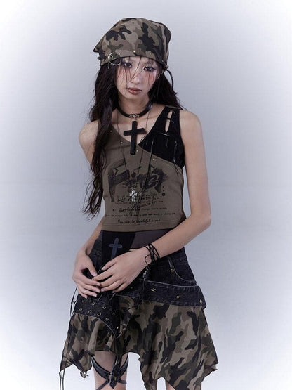WSW WUSHENWU Low Saturation Patchwork Punk Sexy Cutout Vest
