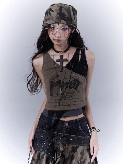 WSW WUSHENWU Low Saturation Patchwork Punk Sexy Cutout Vest