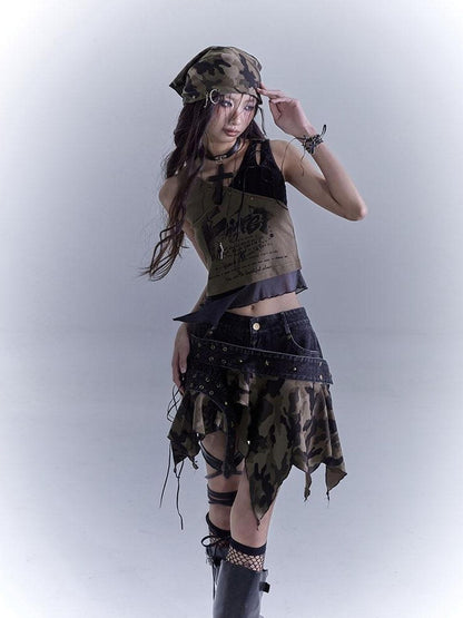 WSW WUSHENWU Low Saturation Patchwork Punk Sexy Cutout Vest