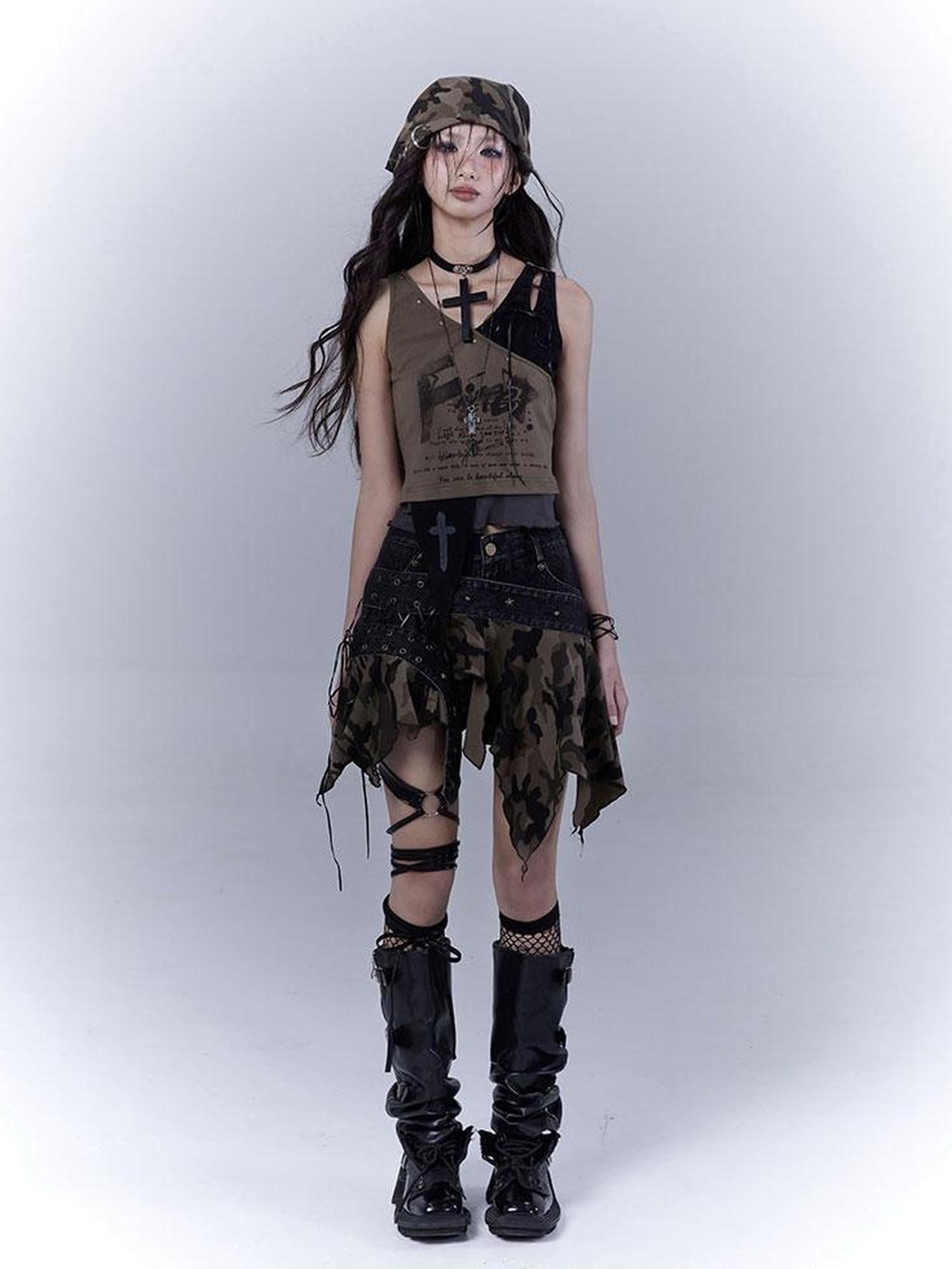 WSW WUSHENWU Low Saturation Patchwork Punk Sexy Cutout Vest