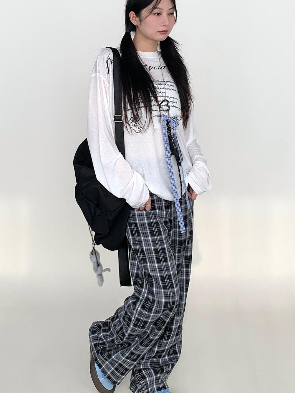 Low Waist Wide Leg Checkered Pants Classic Casual Trousers