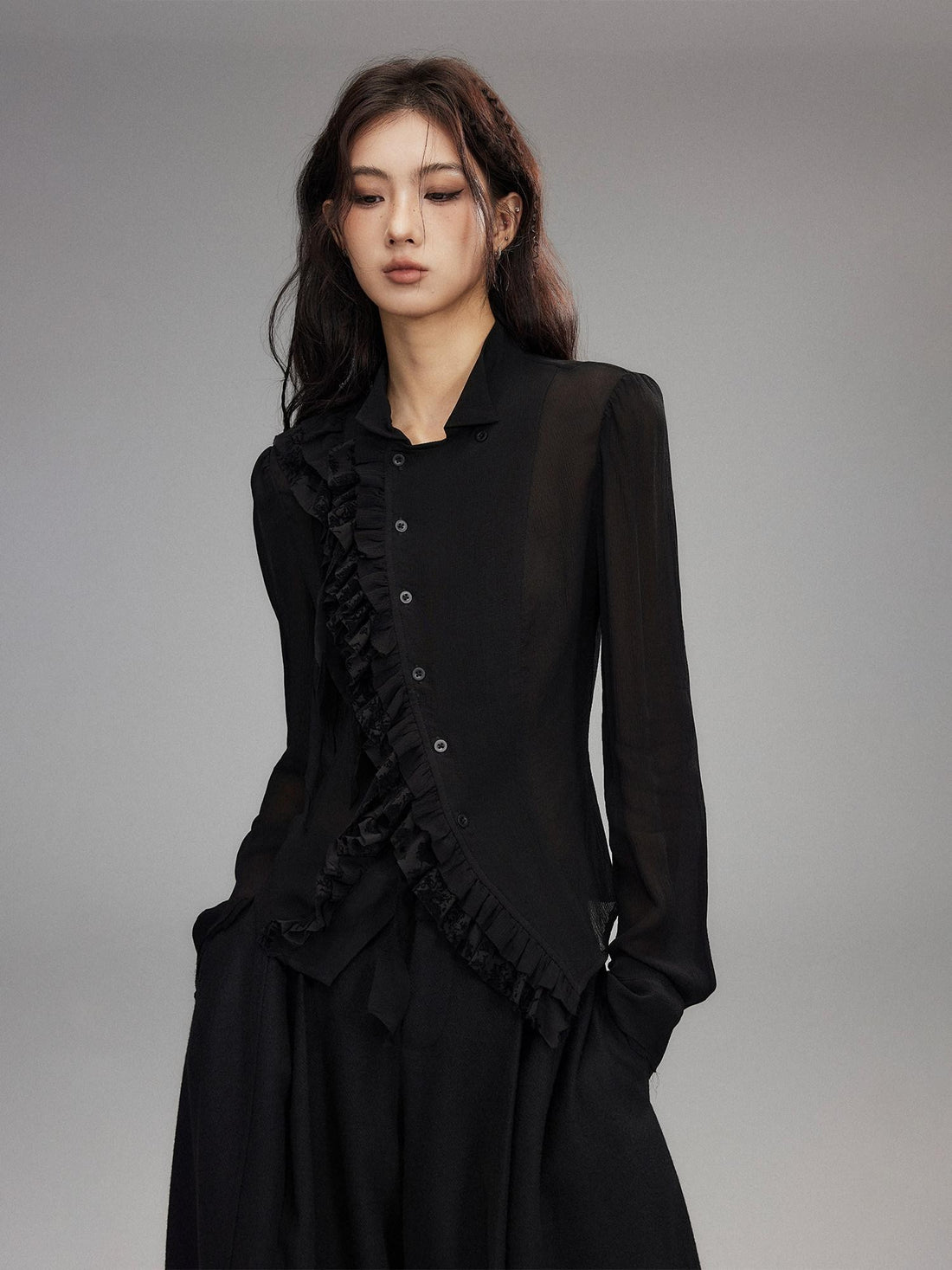 Low pixel Black Double Layer Ruffle Slanted Placket Lapel Women&
