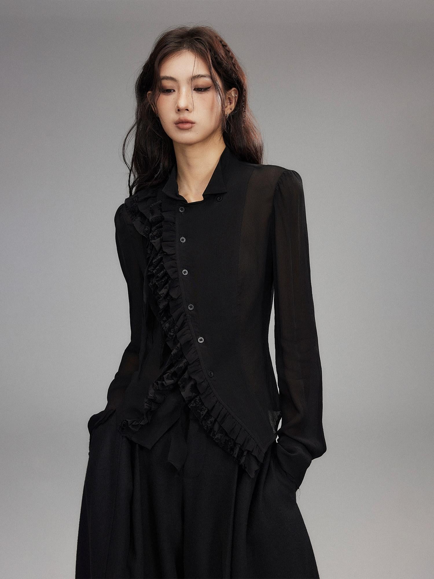 Low pixel Black Double Layer Ruffle Slanted Placket Lapel Women&