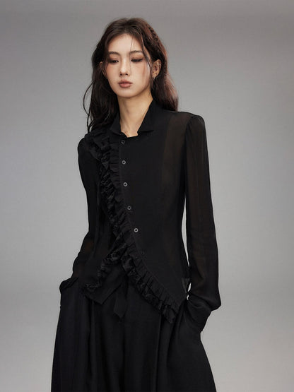 Low pixel Black Double Layer Ruffle Slanted Placket Lapel Women&