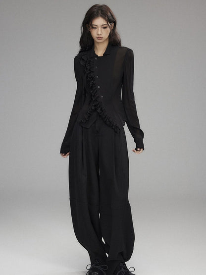 Low pixel Black Double Layer Ruffle Slanted Placket Lapel Women&