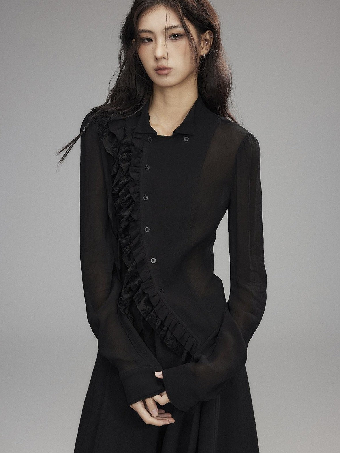 Low pixel Black Double Layer Ruffle Slanted Placket Lapel Women&