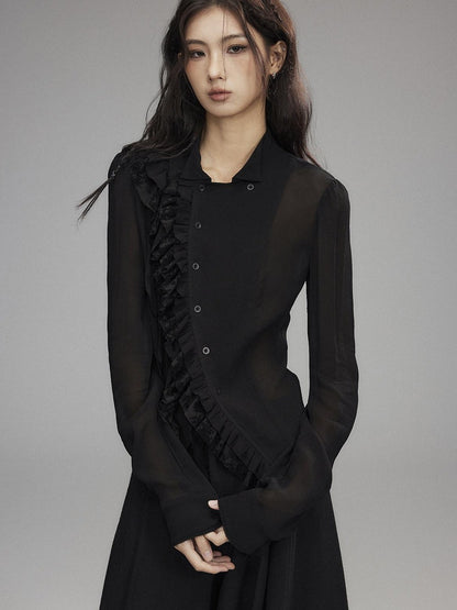 Low pixel Black Double Layer Ruffle Slanted Placket Lapel Women&