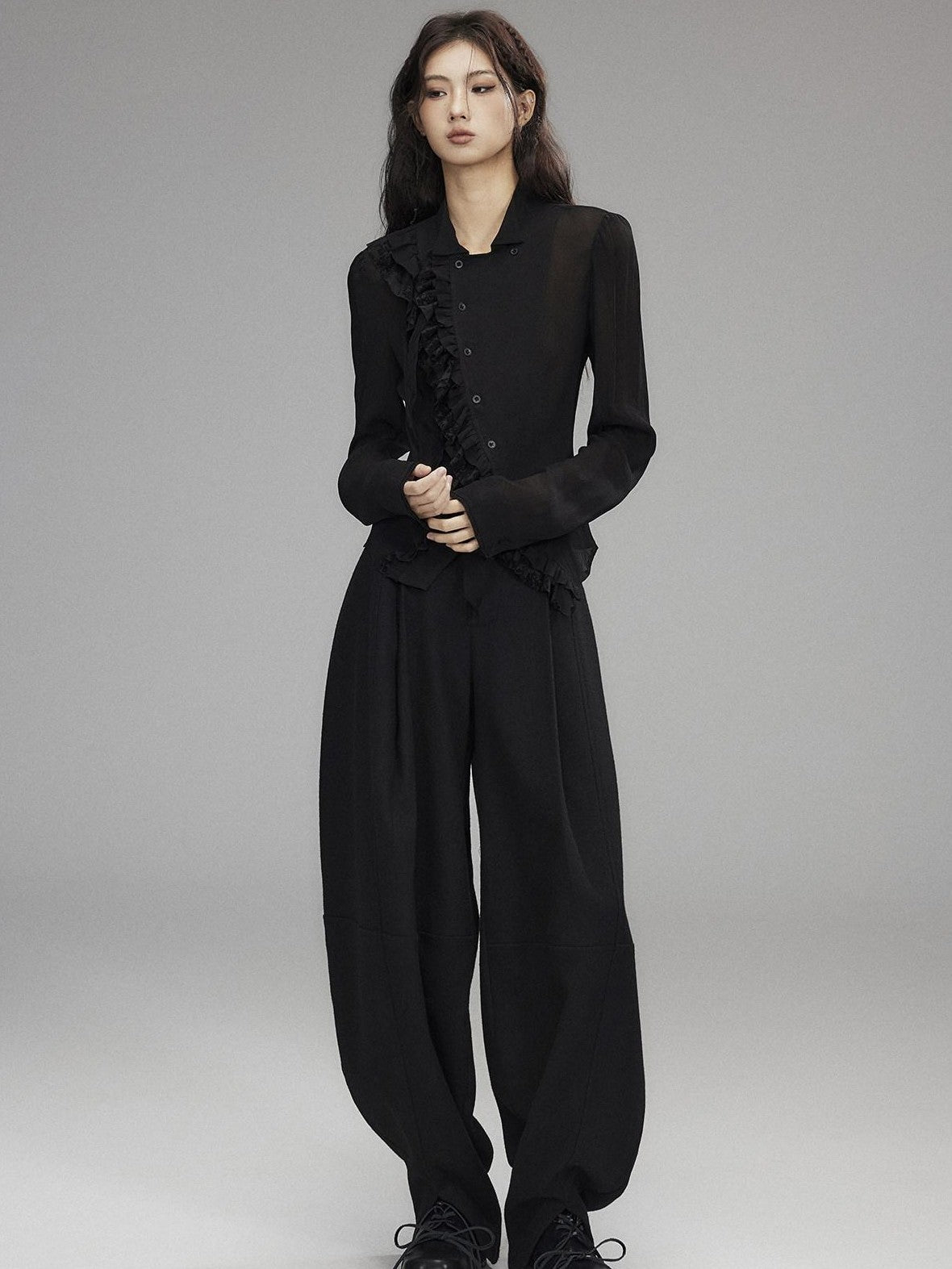 Low pixel Black Double Layer Ruffle Slanted Placket Lapel Women&